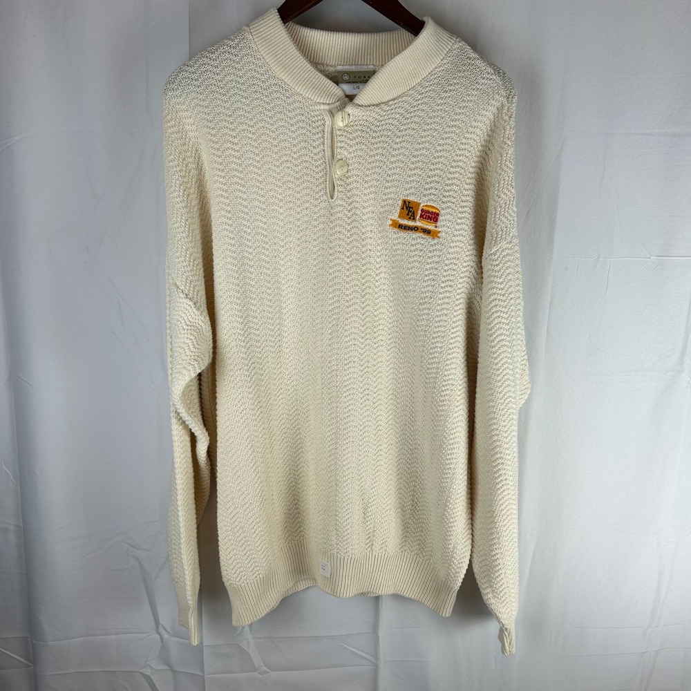 York NFA Burger King Reno 99 Mens L Knit Sweater Cream Long Sleeve‎ Button Neck
